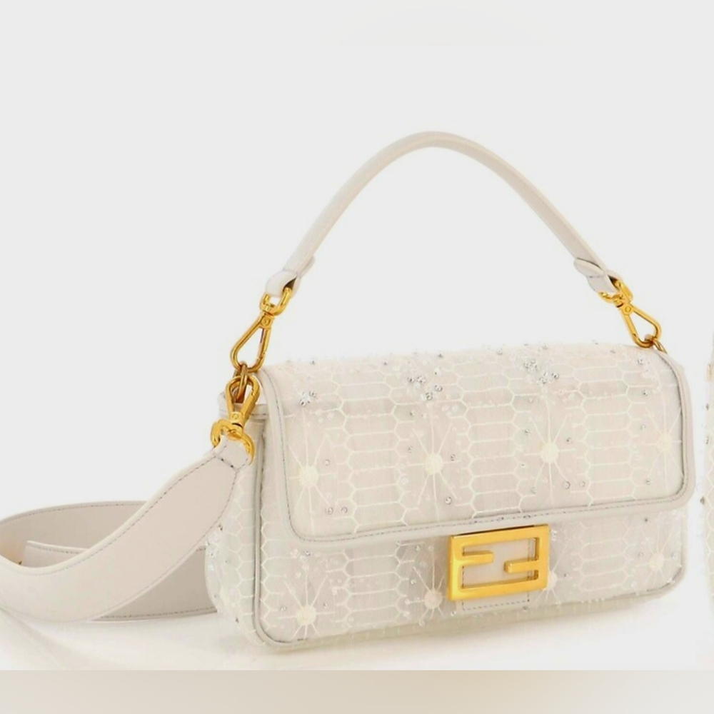 Fendi White Tulle Embroidered Crystal Medium Baguette